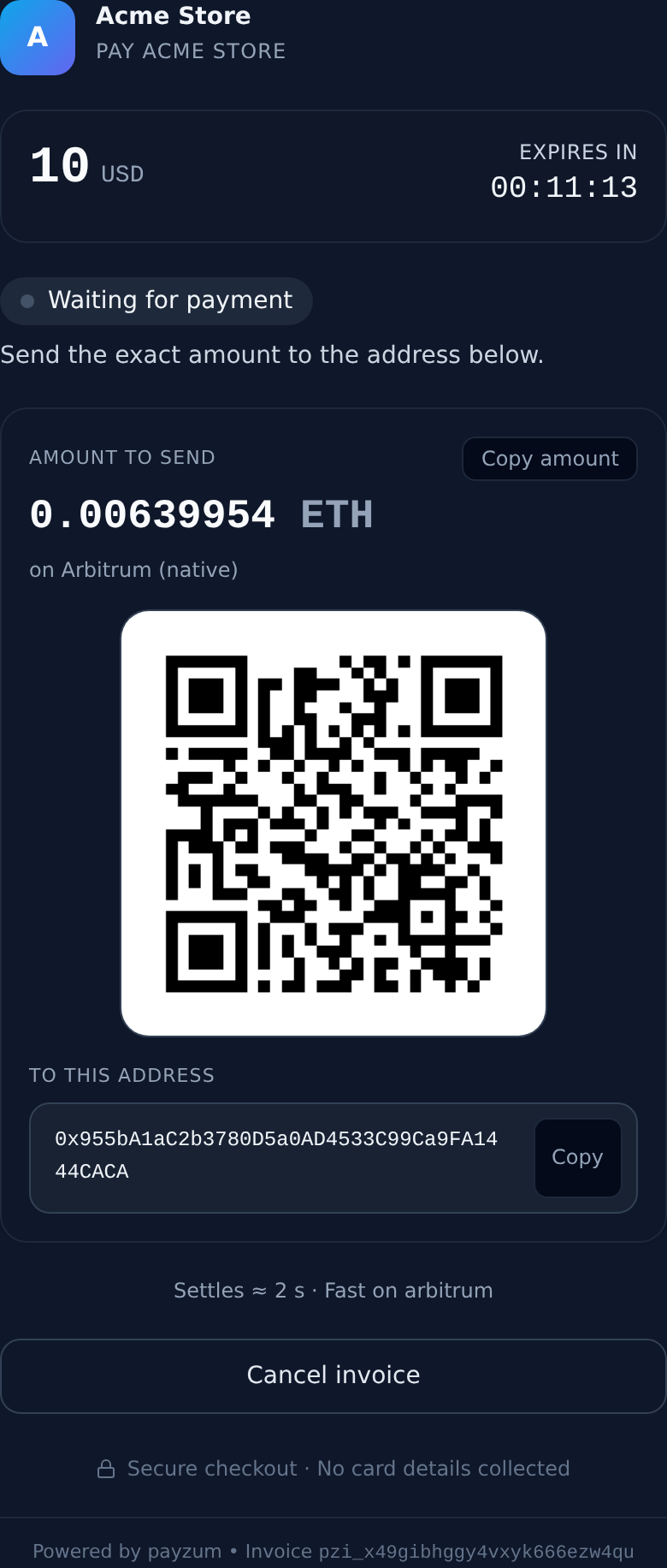 Hosted checkout widget with QR
